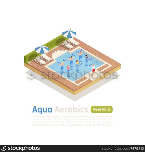 Water aerobics workout with weights isometric composition with aqua training class in outdoor swimming pool vector illustration