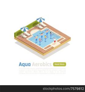 Water aerobics workout with weights isometric composition with aqua training class in outdoor swimming pool vector illustration