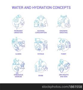 Water and hydration blue gradient concept icons set. Dehydration causes, symptoms. Additional liquid consumption. Water balance idea thin line color illustrations. Vector isolated outline drawings.. Water and hydration blue gradient concept icons set