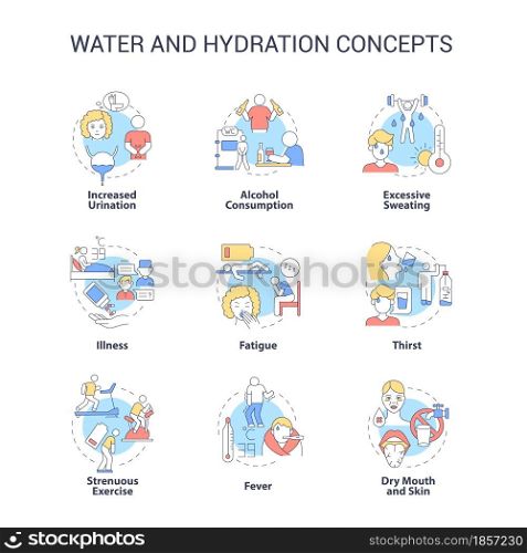 Water and hydration concept icons set. Dehydration causes, symptoms. Additional liquid consumption. Water balance idea thin line color illustrations. Vector isolated outline drawings. Editable stroke. Water and hydration concept icons set