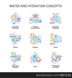 Water and hydration concept icons set. Dehydration causes, symptoms. Additional liquid consumption. Water balance idea thin line color illustrations. Vector isolated outline drawings. Editable stroke. Water and hydration concept icons set
