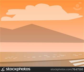 Water and mountains on sunset vector. Sundown or sunrise outdoors. Natural landscape by sea and street by seashore. Clouds on sky summertime seascape flat style illustration in orange colors. Seashore in Evening, Street and Mountains by Sea