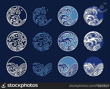 Water and ocean wave line art logo vector illustration. Oriental style graphic design.