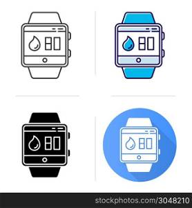 Water balance tracking smartwatch function icon. Fitness wristband capability. Hydration remindings and measurements. Flat design, linear and color styles. Isolated vector illustrations