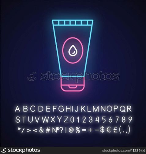 Water-based lubricant neon light icon. Male, female product for safe sex. Natural gel, lube. Product for intimate hygiene. Glowing sign with alphabet, numbers and symbols. Vector isolated illustration