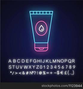 Water-based lubricant neon light icon. Male, female product for safe sex. Natural gel, lube. Product for intimate hygiene. Glowing sign with alphabet, numbers and symbols. Vector isolated illustration