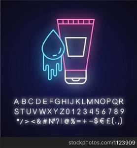 Water-based lubricant neon light icon. Product for safe sex. Natural lube, male gel. Healthy intimate intercourse. Glowing sign with alphabet, numbers and symbols. Vector isolated illustration