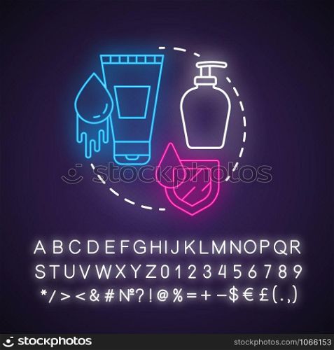 Water-based lubricants neon light concept icon. Safe sex. Natural lotion. Healthy intimate relationship. Healthcare idea. Glowing sign with alphabet, numbers and symbols. Vector isolated illustration