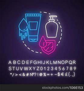 Water-based lubricants neon light concept icon. Safe sex. Natural lotion. Healthy intimate relationship. Healthcare idea. Glowing sign with alphabet, numbers and symbols. Vector isolated illustration