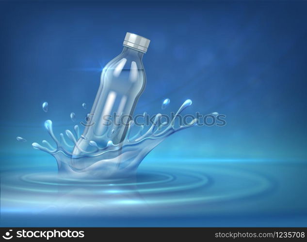 Water bottle advertising. Realistic 3D background with splashes water surfaces and empty water container. Vector blue mockup for commercial design product. Water bottle advertising. Realistic 3D background with splashes water surfaces and empty water container. Vector blue mockup