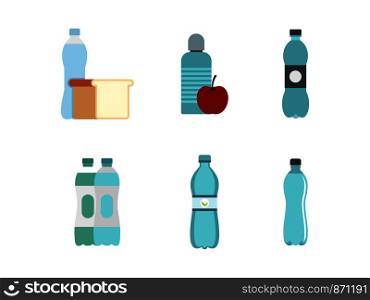 Water bottle icon set. Flat set of water bottle vector icons for web design isolated on white background. Water bottle icon set, flat style