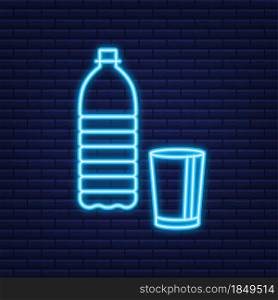 Water bottle on dark background. Package design. Container. Neon icon. Vector illustration. Water bottle on dark background. Package design. Container. Neon icon. Vector illustration.