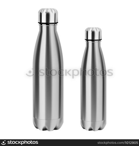 Water bottle. Stainless steel thermo flask. Empty sport can 3d blank for branding. Fitness sport aluminum vessel. Glossy realistic camping tin. Promotion design package product mock up. Water bottle. Stainless steel thermo flask. Mockup