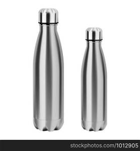 Water bottle. Stainless steel thermo flask. Empty sport can 3d blank for branding. Fitness sport aluminum vessel. Glossy realistic camping tin. Promotion design package product mock up. Water bottle. Stainless steel thermo flask. Mockup