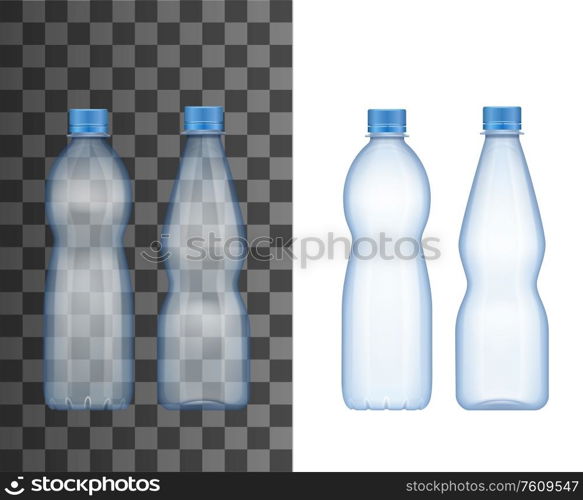 Water bottle, vector realistic 3d transparent empty plastic bottle mockup with blue cap lid. Mineral carbonated water, soda or juice drink beverage package template. Realistic plastic bottle, mineral water drink