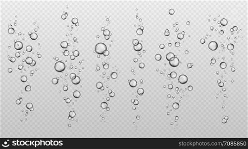 Water bubbles. Abstract fresh soda bubble groups. Effervescent oxygen texture. Underwater fizzing air sparkles drop floating reflective champagne drink isolated vector set. Water bubbles. Abstract fresh soda bubble groups. Effervescent oxygen texture. Underwater fizzing air sparkles isolated vector set