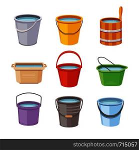 Water buckets set. Metal pail, empty and full plastic garden bucket. Trash bin container, wooden washing household bowl or can. Cartoon isolated vector illustration icons. Water buckets set. Metal pail, empty and full plastic garden bucket isolated vector illustration icons