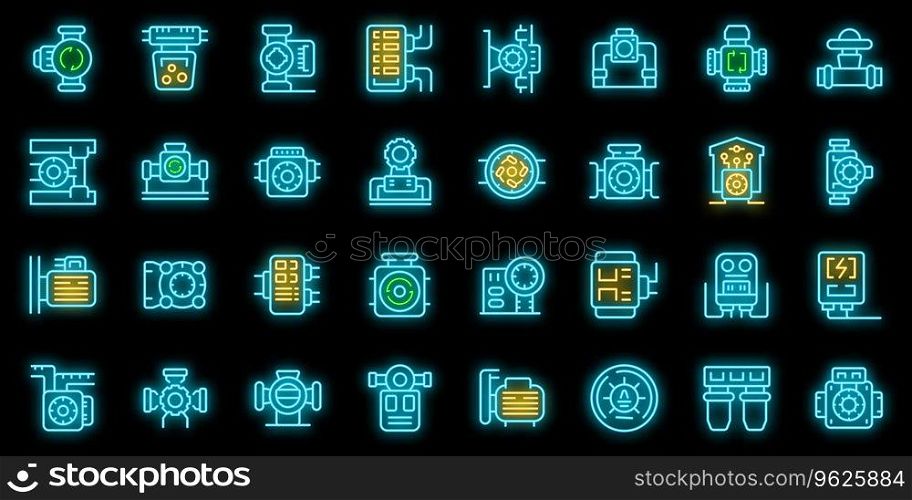 Water circulation pump icons set outline vector. Treatment station. Plant tank neon color on black. Water circulation pump icons set vector neon
