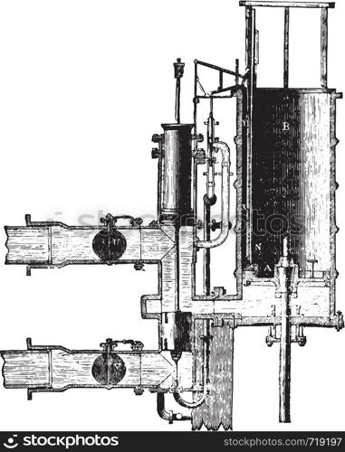 Water column machine, First period of the distribution, vintage engraved illustration. Industrial encyclopedia E.-O. Lami - 1875.