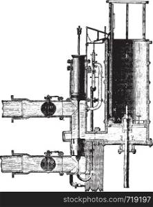 Water column machine, First period of the distribution, vintage engraved illustration. Industrial encyclopedia E.-O. Lami - 1875.