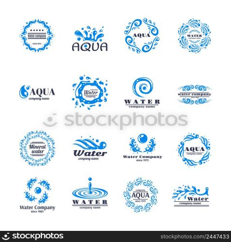 Water company aqua mineral logo set with blue waves isolated vector illustration