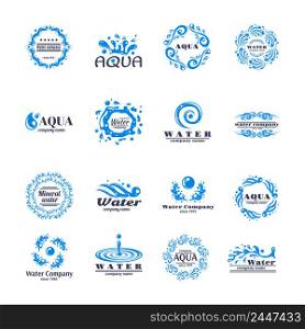 Water company aqua mineral logo set with blue waves isolated vector illustration