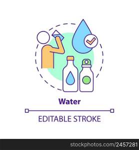 Water concept icon. Thing to store for surviving. Emergency go bag abstract idea thin line illustration. Isolated outline drawing. Editable stroke. Arial, Myriad Pro-Bold fonts used. Water concept icon