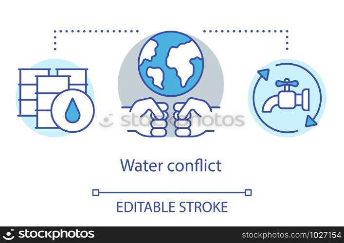 Water conflict concept icon. Recycled wastewater. Environmental pollution. Global eco problem. Access to water resources idea thin line illustration. Vector isolated outline drawing. Editable stroke