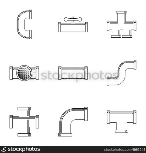 Water connector equipment icon set. Outline set of 9 water connector equipment vector icons for web isolated on white background. Water connector equipment icon set, outline style