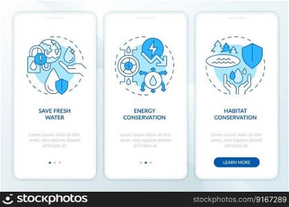 Water conservation aims blue onboarding mobile app screen. Walkthrough 3 steps editable graphic instructions with linear concepts. UI, UX, GUI template. Myriad Pro-Bold, Regular fonts used. Water conservation aims blue onboarding mobile app screen