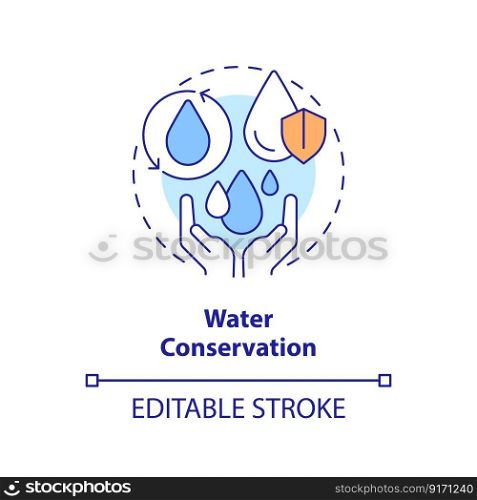 Water conservation concept icon. Hydrosphere protection. Liquid sources management abstract idea thin line illustration. Isolated outline drawing. Editable stroke. Arial, Myriad Pro-Bold fonts used. Water conservation concept icon