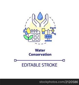 Water conservation concept icon. Saving water on farm abstract idea thin line illustration. Smart farming benefit. Isolated outline drawing. Editable stroke. Roboto-Medium, Myriad Pro-Bold fonts used. Water conservation concept icon