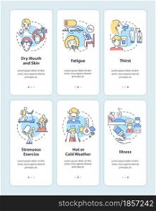 Water consumption onboarding mobile app page screen set. Dehydration factors walkthrough 3 steps graphic instructions with concepts. UI, UX, GUI vector template with linear color illustrations. Water consumption onboarding mobile app page screen set