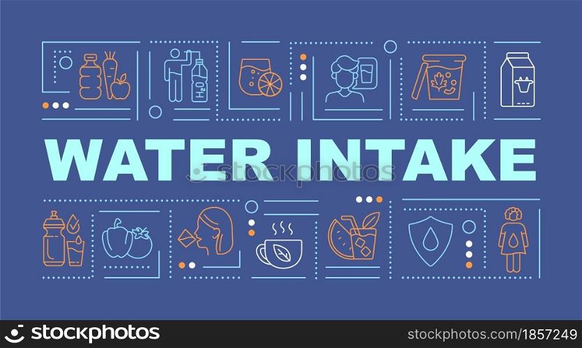 Water consumption word concepts banner. Body fluid level. Daily hydration. Infographics with linear icons on blue background. Isolated creative typography. Vector outline color illustration with text. Water consumption word concepts banner