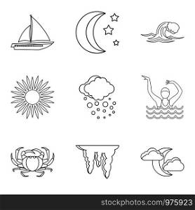 Water content icons set. Outline set of 9 water content vector icons for web isolated on white background. Water content icons set, outline style