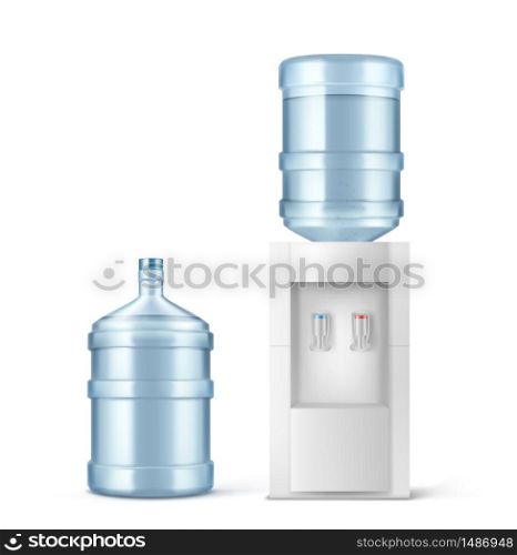 Water cooler and big bottle for office and home. Vector realistic mockup of dispenser for pouring hot and cold clean water and large plastic gallon isolated on white background. Water cooler and big bottle for office and home