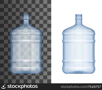 Water cooler bottle 3d realistic mockup template. Vector isolated blank plastic water cooler or dispenser reusable bottle with bottleneck, package mock up for branding. Plastic bottle, water cooler big bottle mockup 3d