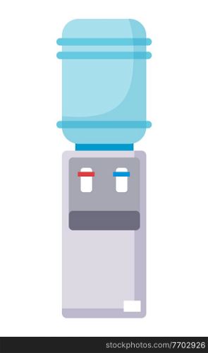 Water cooler flat vector icon. Gray water cooler with blue full bottle and cup on white background. Gray white plastic equipment for heating and cooling water in office. Refrigerant machine for water. Water plastic cooler flat vector icon. Gray water cooler with blue full bottle on white background