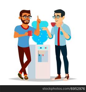 Water Cooler Gossip Vector. Modern Office Water Cooler. Laughing Friends, Office Colleagues Men Talking To Each Other. Communicating Male. Isolated Flat Cartoon Character Illustration. Water Cooler Gossip Vector. Modern Office Water Cooler. Laughing Friends, Office Colleagues Men Talking To Each Other. Communicating Male. Isolated Cartoon Character Illustration