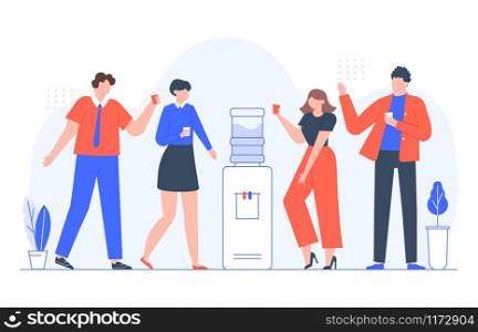 Water cooler talk. Business people group drink water and chat conversation, men and women talking. Coworkers team communication, drinking cooler water on break vector illustration. Water cooler talk. Business people group drink water and chat conversation, men and women talking. Coworkers team communication vector illustration