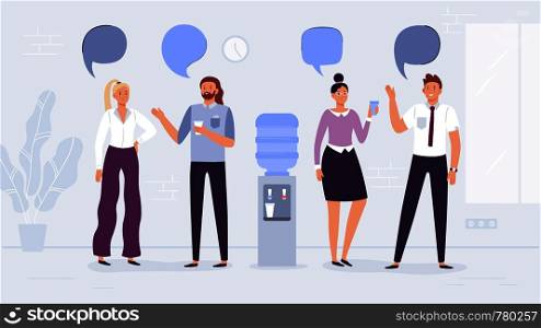 Water cooler talk. Office workers conversation, people drink water and talking with speech bubbles. Friend coworkers talks, workplace dispenser employees chat meeting vector illustration. Water cooler talk. Office workers conversation, people drink water and talking with speech bubbles vector illustration