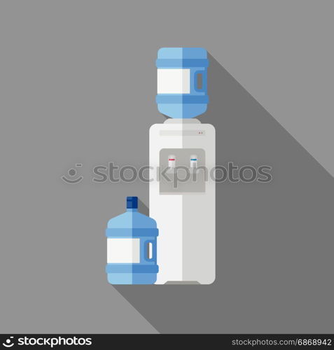 Water cooler with bottle in flat style. Vector simple illustration of white plastic cooler for water with long shadow.