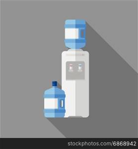 Water cooler with bottle in flat style. Vector simple illustration of white plastic cooler for water with long shadow.