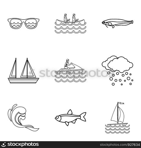 Water creature icons set. Outline set of 9 water creature vector icons for web isolated on white background. Water creature icons set, outline style