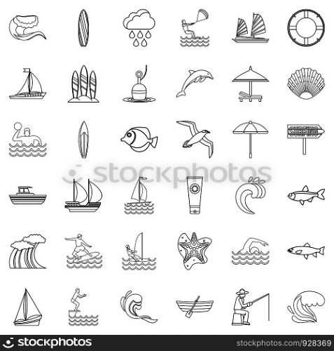 Water creature icons set. Outline style of 36 water creature vector icons for web isolated on white background. Water creature icons set, outline style