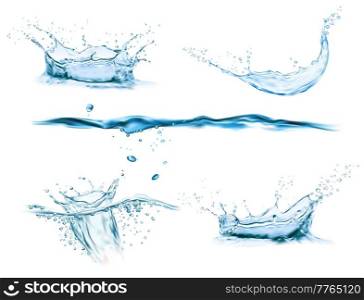 Water crown splash and wave swirl and drops. Vector liquid splashing aqua dynamic motion, blue water flow with spray droplets side view isolated on white background, realistic 3d pure water splashes. Water crown splash and wave swirl and drops