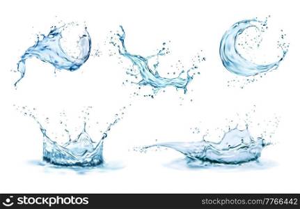 Water crown splashes and wave swirl with drops. Vector transparent blue liquid splashing fluids with droplets, isolated realistic 3d elements, fresh drink, clear aqua falling or pour with air bubbles. Water crown splashes and wave swirl with drops