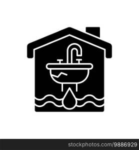 Water damage black glyph icon. Flooding and water leak. Structural, foundational damages. Irreparable destruction to walls and carpet. Silhouette symbol on white space. Vector isolated illustration. Water damage black glyph icon