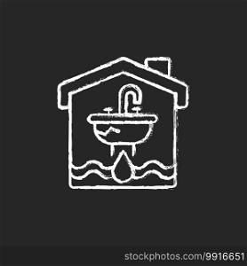 Water damage chalk white icon on black background. Flooding and water leak. Structural, foundational damages. Irreparable destruction to walls and carpet. Isolated vector chalkboard illustration. Water damage chalk white icon on black background