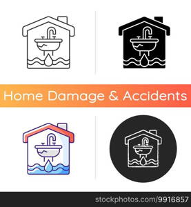 Water damage icon. Flooding and water leak. Structural, foundational damages. Irreparable destruction to walls and carpet. Linear black and RGB color styles. Isolated vector illustrations. Water damage icon